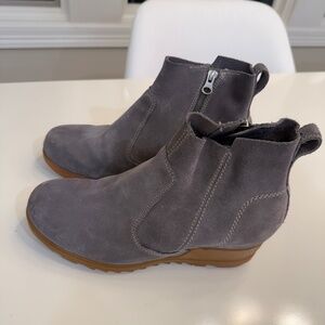 Sorel Women's Evie waterproof suede zip wedge ankle bootie, color Quarry (grey)